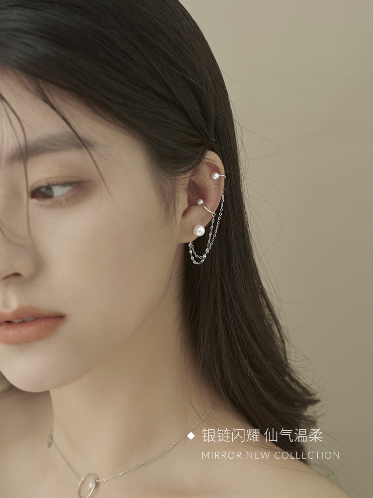 Little elk man super immortal tassel ear clip Sen series pure silver ear nail female Pearl Earrings cool Earrings Korean temperament