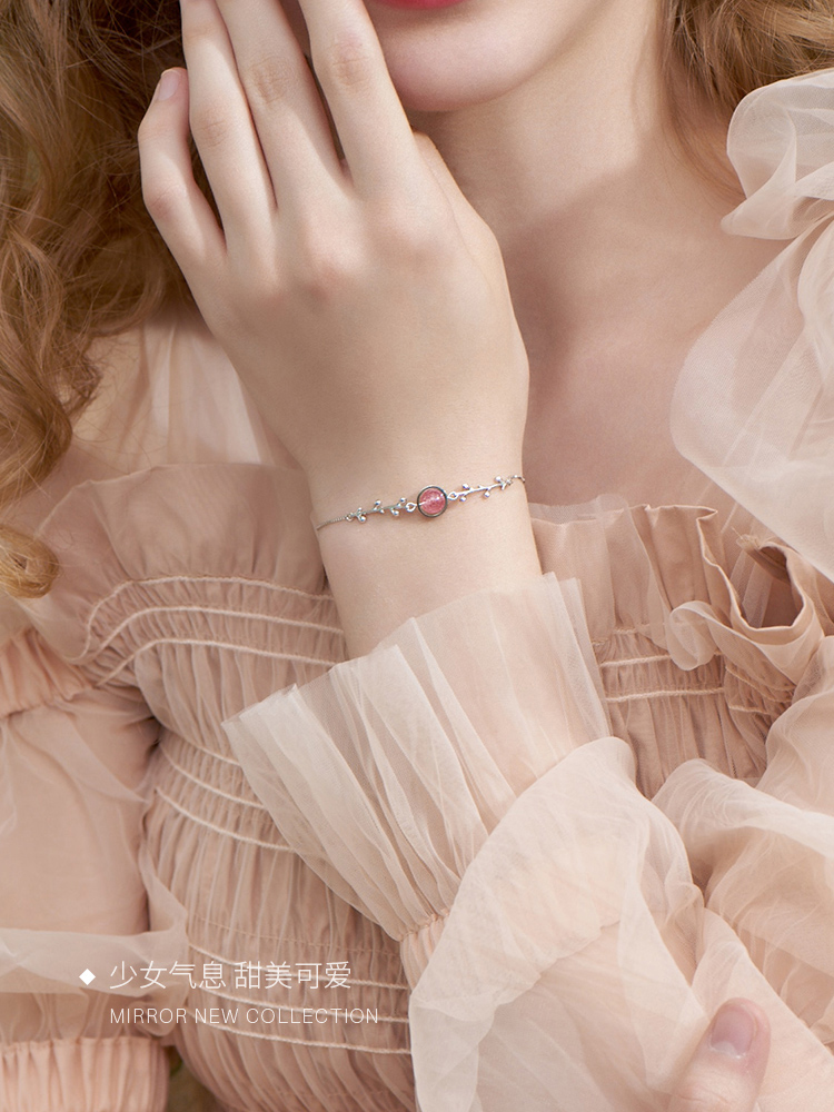 Little moose man peach blossom transfer beads strawberry Crystal Pink branch lovely leaves S925 sterling silver bracelet bracelet for women
