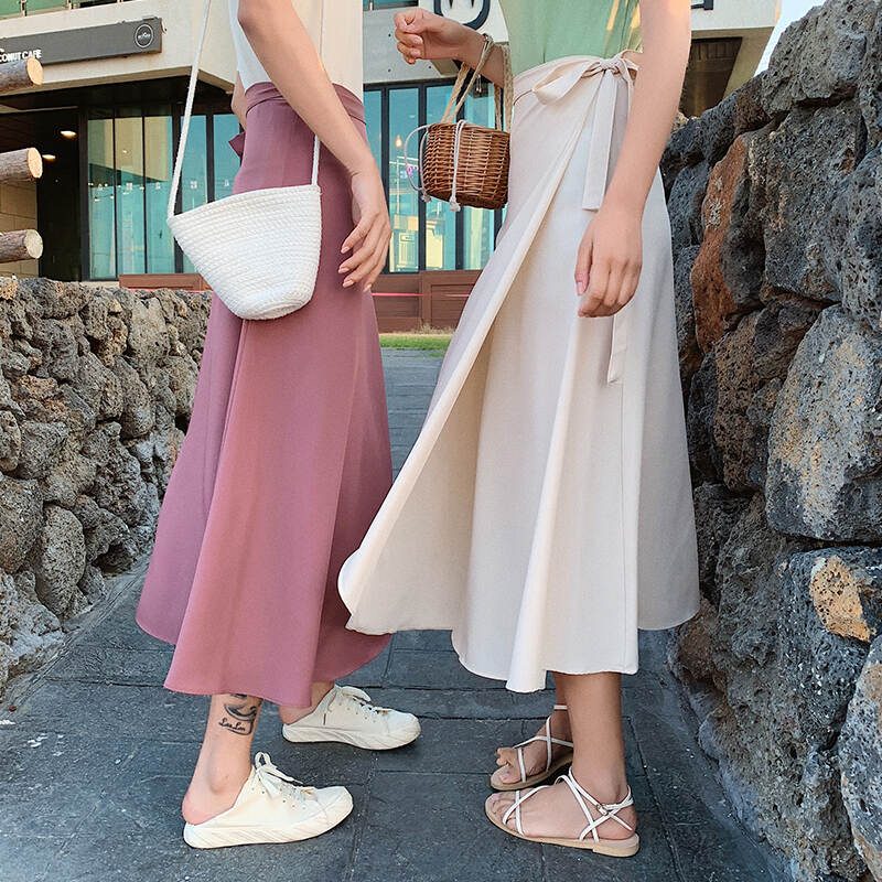 مطوي تنورة الشيفون الرجعية قطعة واحدة الدانتيل متابعة الكورية نمط الصيف الوردي سيدة سبليت فساتين شاطئ حريمي تنورة النساء