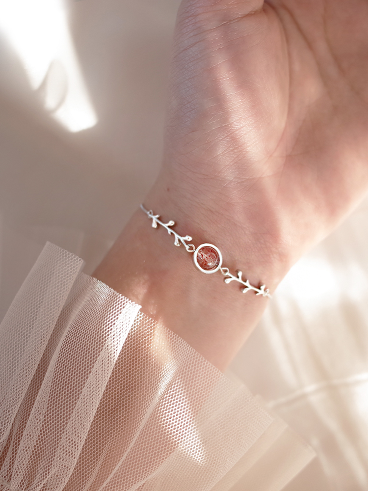 Little moose man peach blossom transfer beads strawberry Crystal Pink branch lovely leaves S925 sterling silver bracelet bracelet for women
