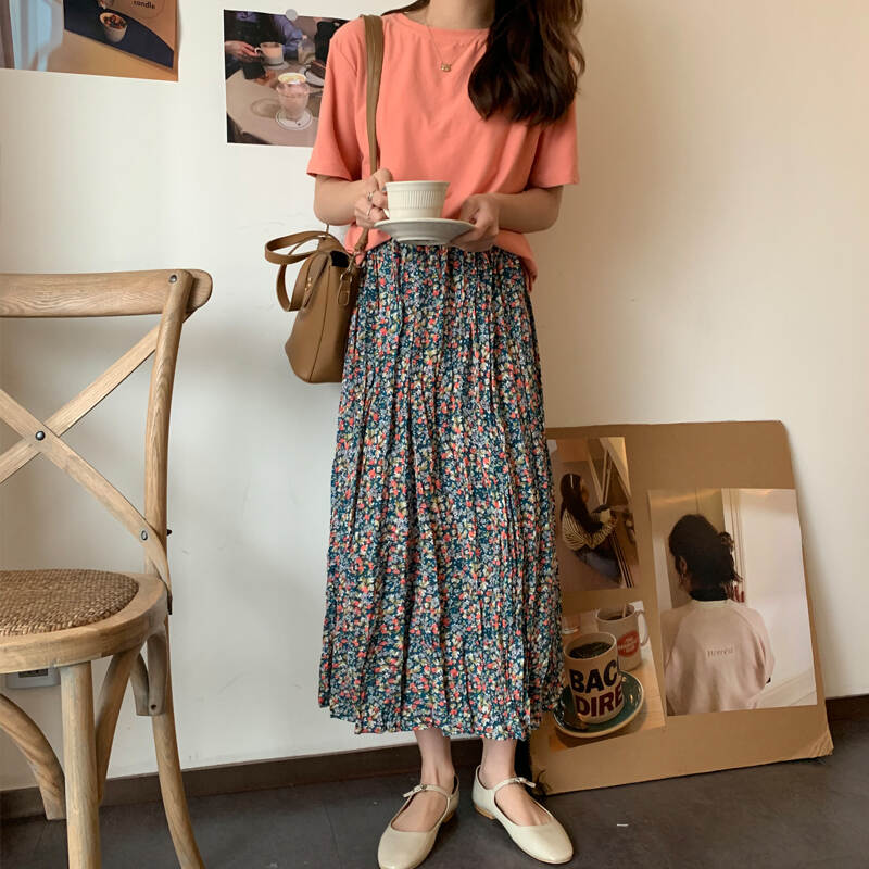 مطوي تنورة الشيفون الرجعية قطعة واحدة الدانتيل متابعة الكورية نمط الصيف الوردي سيدة سبليت فساتين شاطئ حريمي تنورة النساء