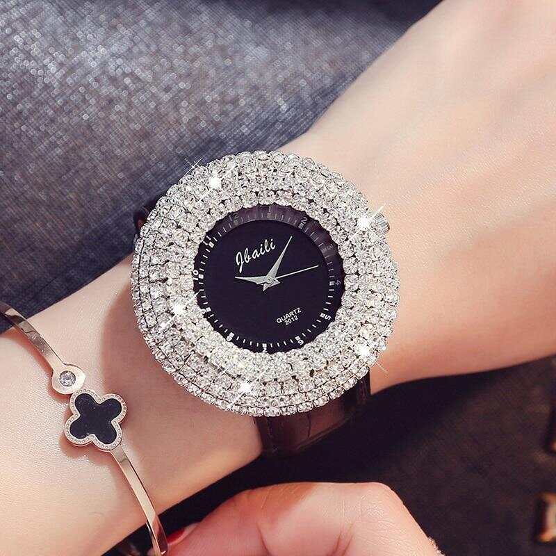 Brand Jbaili Watch Big Rhinestone Black Dial Quartz Wristwatches