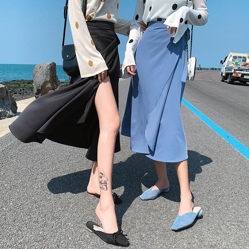 مطوي تنورة الشيفون الرجعية قطعة واحدة الدانتيل متابعة الكورية نمط الصيف الوردي سيدة سبليت فساتين شاطئ حريمي تنورة النساء