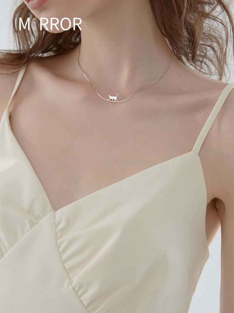 Moose man cute kitten Sterling Silver Necklace Female Minority ins simple clavicle chain cat silver jewelry cool wind gift