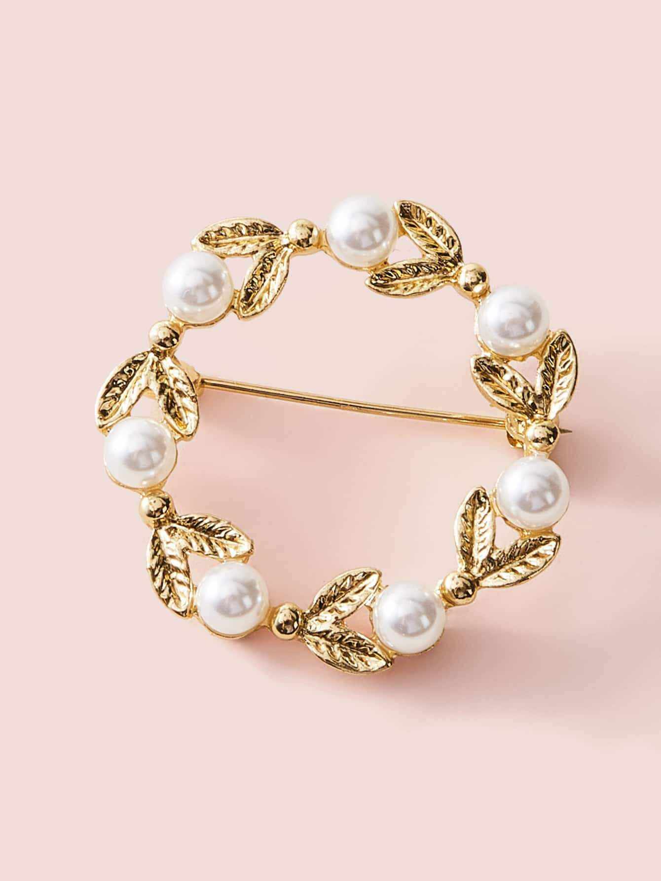 1pc Pearl Decor Leaf Shaped Brooch