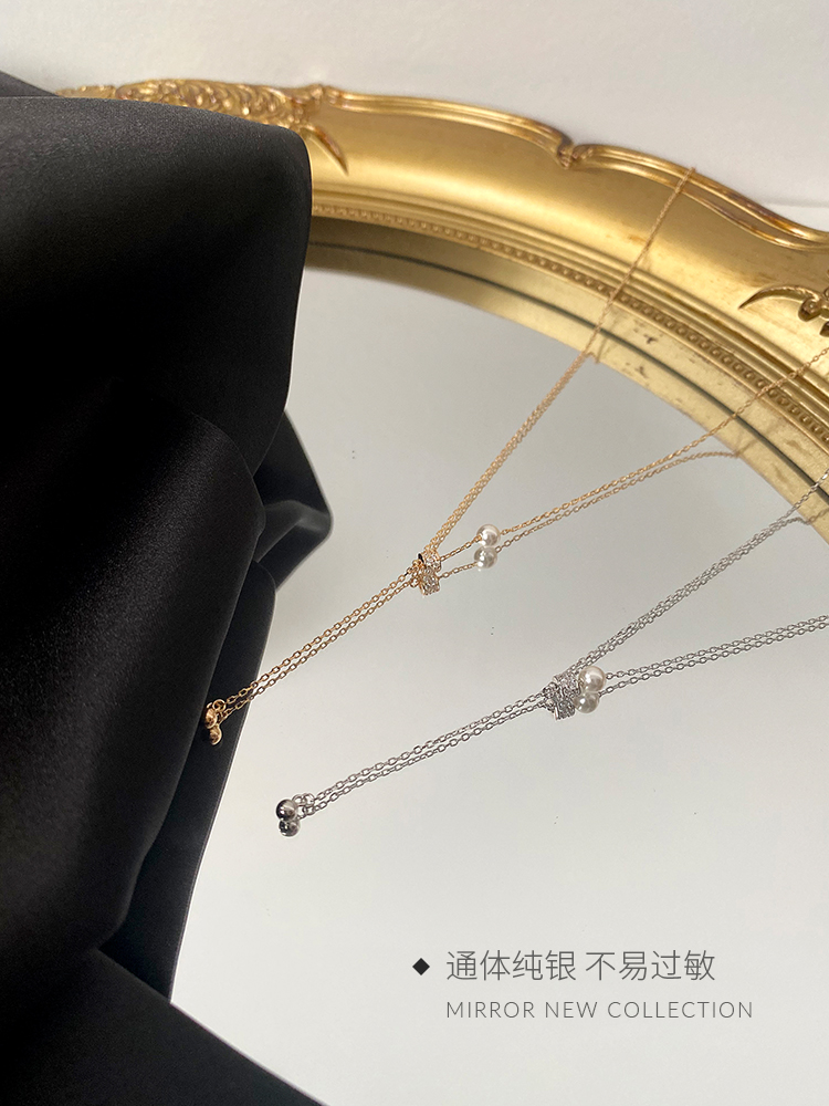 Moose man Sterling Silver Necklace Female Minority fringed small waist pearl clavicle chain plated with 14K champagne gold cool jewelry