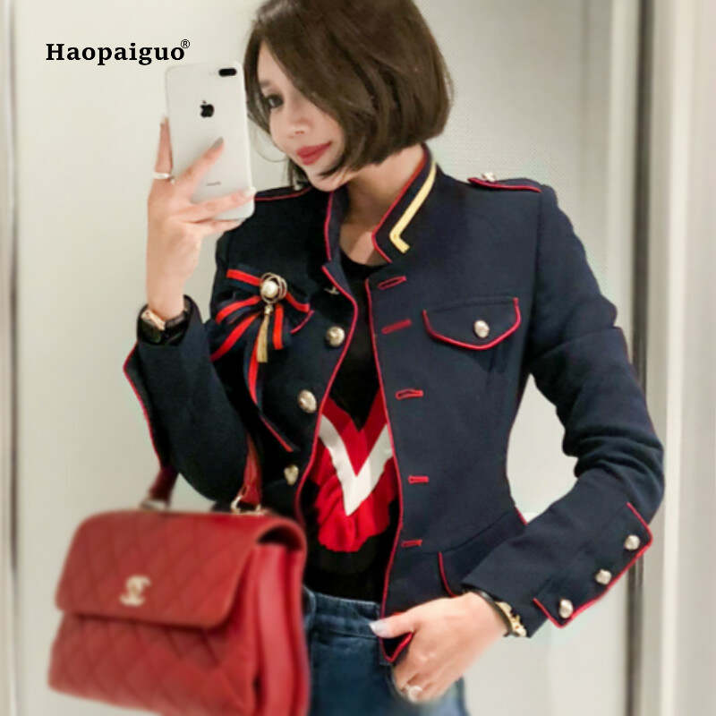 الموضة حجم كبير الخريف الشتاء النساء المعاطف 2018 الأزرق الأبيض كامل الأكمام الوقوف Vintage البحرية موحدة معطف السيدات أبلى معاطف