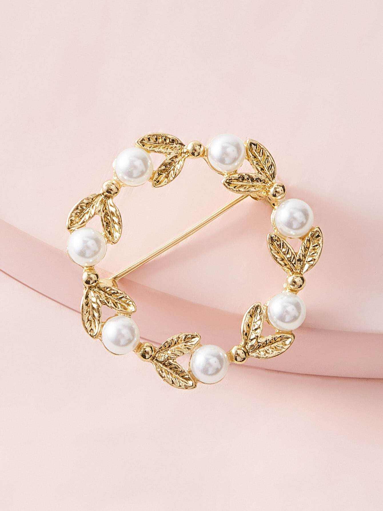 1pc Pearl Decor Leaf Shaped Brooch
