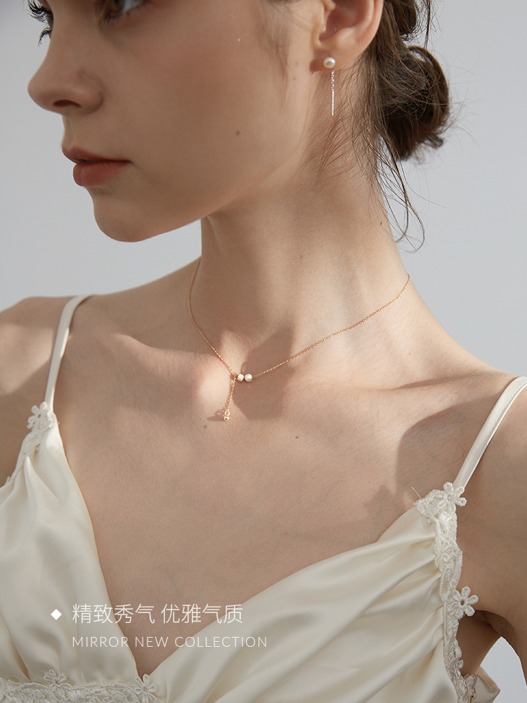 Moose man Sterling Silver Necklace Female Minority fringed small waist pearl clavicle chain plated with 14K champagne gold cool jewelry