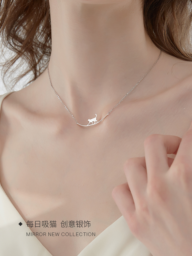 Moose man cute kitten Sterling Silver Necklace Female Minority ins simple clavicle chain cat silver jewelry cool wind gift